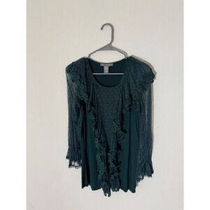 Kate & Mallory Women's Green Sheer Sleeve Lace Trim Ruffle Blouse Top L